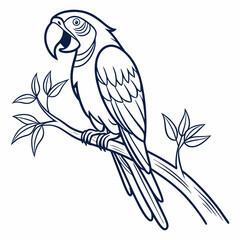 A detailed line drawing of a blue and gold macaw perched on a branch with leaves