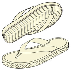 A pair of light yellow flip flops shown from the side and the sole view