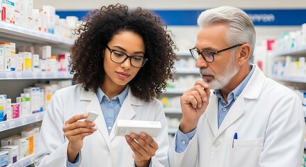 Two pharmacists reviewing medication in a modern pharmacy ensuring patient safety and providing excellent healthcare service with focus and expertise on prescriptions and pharmaceutical products