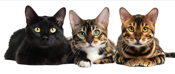 Realistic photograph of three cats one black cat with yellow eyes and a white nose a brown calico female cat with goldencolored eyes and a male adult Bengal