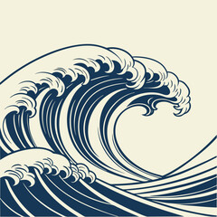 Stylized japanese wave illustration in dark blue and cream colors