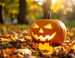 Jack-o'-lantern in autumn leaves