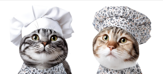 Two cats wearing chefs hats and aprons isolated on a white background Detailed photographic image in PNG format