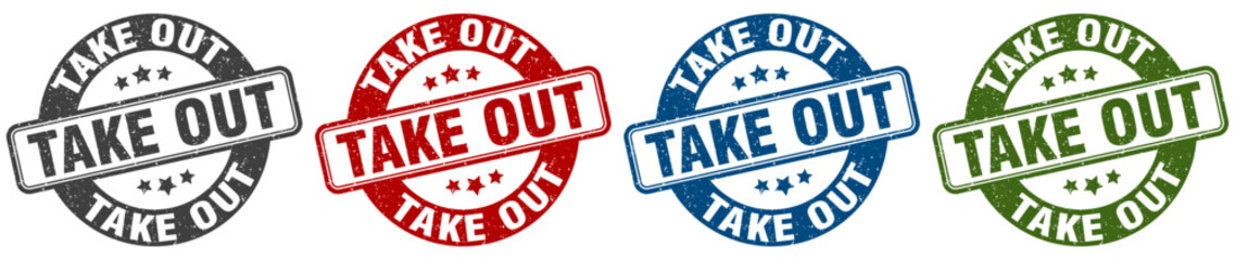 take out stamp. take out round stamp set isolated on white background