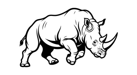 Powerful rhinoceros illustration with two prominent horns, black and white line art.