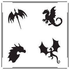 Fototapeta premium Black Silhouettes of Dragon Figures - Flying Dragons, Fierce Dragon Heads, Mythical Creatures, Fantasy Dragon Design, Medieval Fantasy Icons