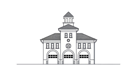 Naklejka premium Fire Station Building Outline with Arched Garage Doors and Tower.