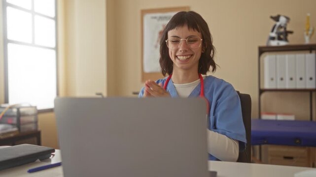 Woman wearing blue scrub top and stethoscope clapping hands over laptop at desk in a clinic building with anatomical chart behind; pride success.