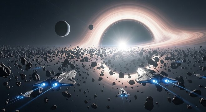 Spacecraft exploring a black hole in a dangerous asteroid field.