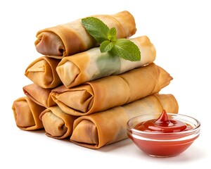 Crispy Spring Rolls Stacked with Ketchup Dip Asian Cuisine Delight on White Background Culinary Photography