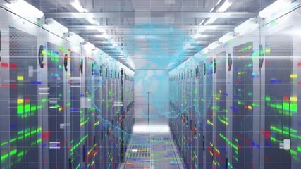 Blue wireframe hologram forming at corridor end moving as data readouts pulsing to show processing - Powered by Adobe
