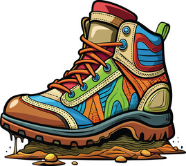 Obraz premium Colorful Hiking Boot Stuck in Mud, Cartoon Style Illustration