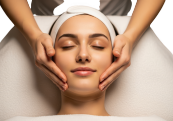 Relaxed woman receiving gentle facial massage with hands during spa treatment isolated on transparent background