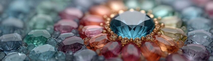 A close-up of colorful, faceted gemstones arranged in a decorative, floral pattern.