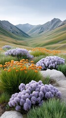 A lush mountain valley with vibrant wildflowers, rolling green hills, and distant peaks under a clear sky.