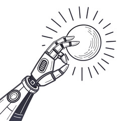 Robotic hand reaching out to touch a glowing sphere representing the sun or a bright idea