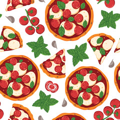 Italian Pizza seamless pattern. Italian food. Vector illustration. Pizza background.. Menu, package, design template.	