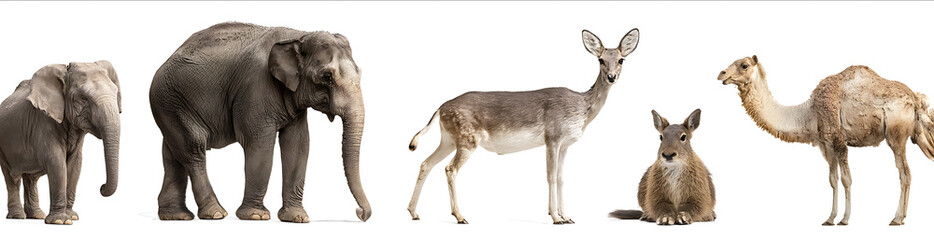 Obraz premium Photograph of five different animals standing side by side an elephant a ram with horns on its head and a long trunk in a front view a deer from behind looki