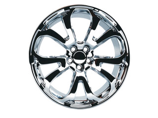 Shiny chrome car wheel rim with intricate spoke design isolated on transparent background