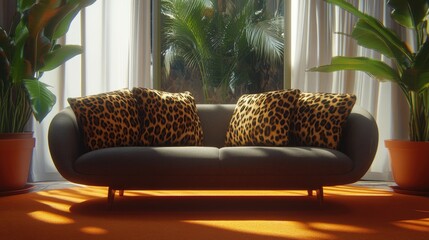Gray couch with leopard print cushions in a sunlit room.