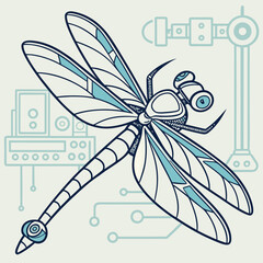 Stylized mechanical dragonfly with intricate blue and white wings against a light background with circuit board elements