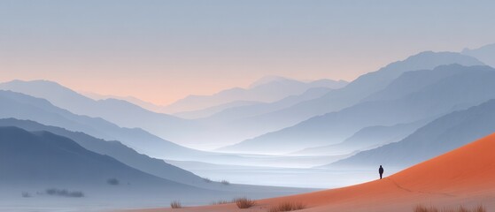 A lone figure stands on a sand dune, gazing at layers of misty mountains under a tranquil pastel sky.
