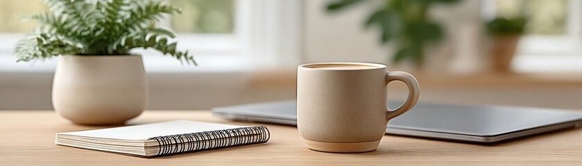 A ceramic mug, notebook, laptop, and potted plant on a wooden desk in a bright, cozy workspace.