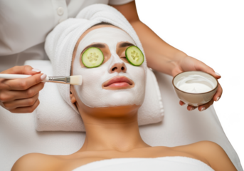 Woman receiving a facial treatment with cucumber slices on eyes isolated on transparent background
