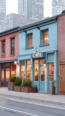 A cozy blue cafe stands on a quiet city street, surrounded by plants and urban buildings in the background.