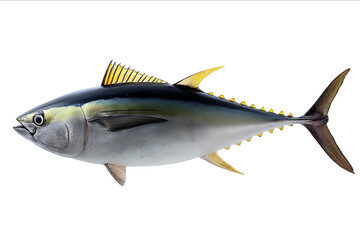 A realistic photo of a tuna fish with yellow spines on its tail set against a white background showing the full body
