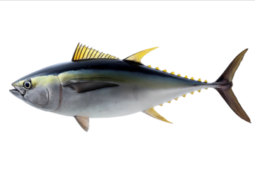 A realistic photo of a tuna fish with yellow spines on its tail set against a white background showing the full body