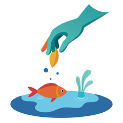 Caring hand gently feeding a vibrant goldfish in a tranquil pond with aquatic plants, symbolizing nurturing and nature's harmony, a delightful scene of simple joy and mindful connection.