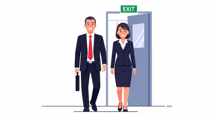 Obraz premium Business man and woman leaving the office building together