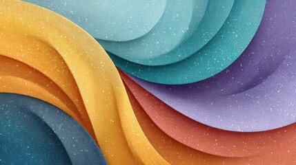A vibrant abstract design featuring layered, textured waves in orange, blue, teal, purple, and yellow with a speckled pattern overlay.