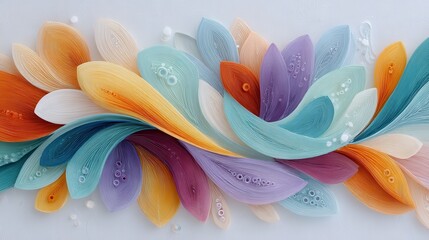 Colorful, layered paper art forms abstract, flowing shapes resembling petals or leaves against a light background.