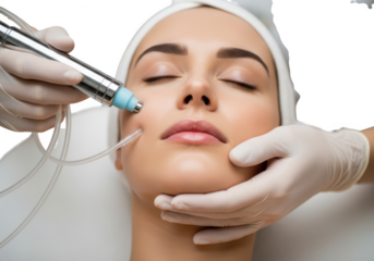 Close up of a woman receiving a facial treatment with a modern beauty device isolated on transparent background