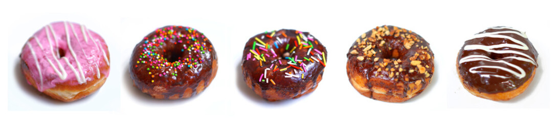 Colorful Donuts with Sprinkles and Nuts Toppings on White background.