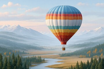 A colorful hot air balloon floats above a scenic valley with a river, forest, and snow-capped mountains in the background.