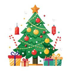 A vibrant Christmas tree decorated with festive ornaments, a shining star, and colorful gift boxes waiting below