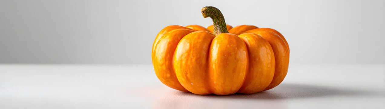 A vibrant, small orange pumpkin rests on a clean, whte background, showcasing ts smooth, glossy skin andsubtle ridges, perfect forautumn-themed decor or seaonal celebrations.