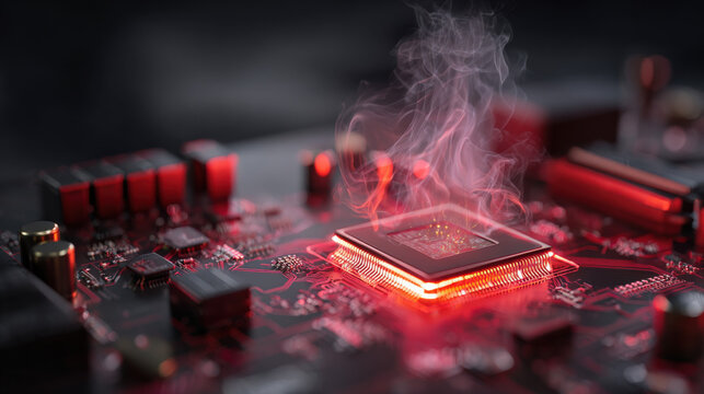 close-up of motherboard with glowing red CPU and small wisps of smoke rising alarm concept high detail macro illustration concept scene visual for commercial design use high detail quality stock