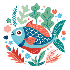 Vibrant blue fish swims playfully amidst a colorful array of stylized coral and aquatic plants creating a charming underwater scene perfect for nature lovers