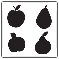 Black Silhouettes of Apple and Pear Fruits - Simple and Clean Fruit Icons, Healthy Food Symbols, Organic Apple and Pear Designs for Health and Nutrition