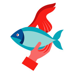 Gentle hands carefully hold a vibrant blue fish, symbolizing care, sustenance, and the bounty of the ocean in a modern, clean design.