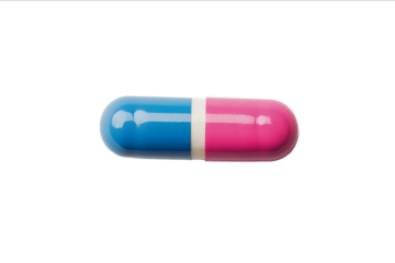 Photo of a blue and white pill with a pink capsule on the right side isolated on a white background Flat lay top view Closeup shot