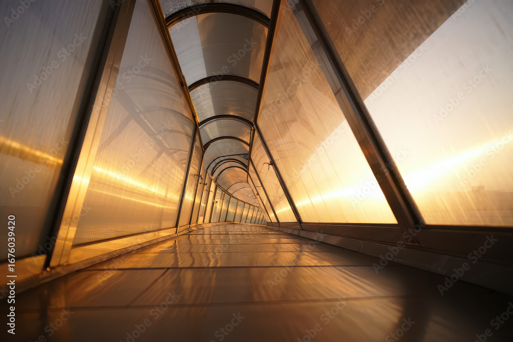 Poster illuminated walkway tunnel with transparent walls and ceiling at sunset creating a golden glow effec