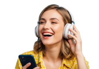 Young woman smiling while listening to music on headphones and holding a smartphone isolated on transparent background