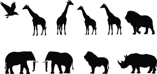 African animal silhouettes, wildlife profile, giraffe lion elephant, rhinoceros side view, bird in flight, nature icons, safari creatures, jungle fauna, black shapes