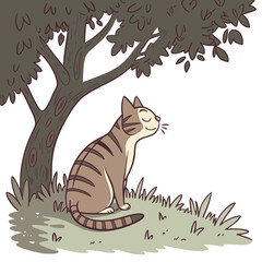 A content tabby cat sits peacefully in the shade of a large tree enjoying a warm sunny day