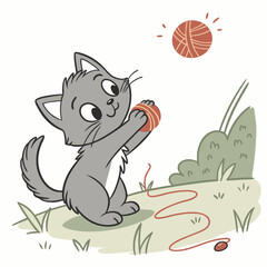 Adorable cartoon kitten playfully batting a ball of yarn on a grassy hill with plants